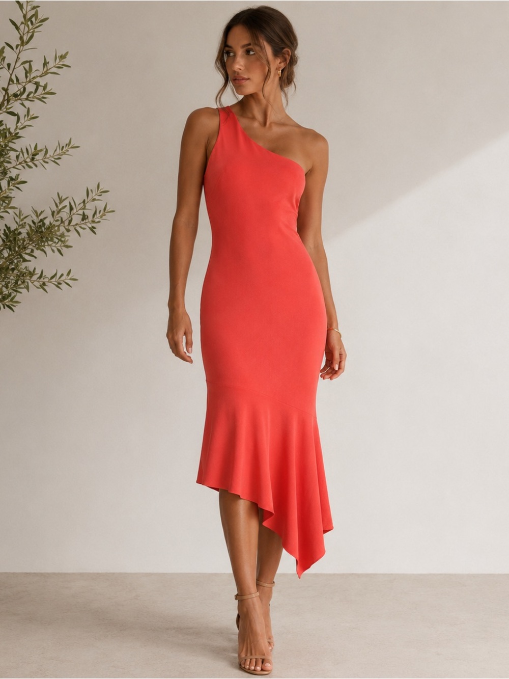 Cinq à Sept Dulcina One-Shoulder Asymmetrical Midi Dress Size 2 Coral Red